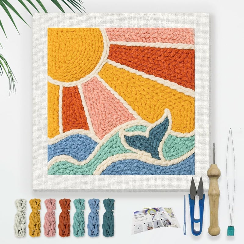 DOODLREAM Bohemian Sun and Ocean DIY Punch Needle Embroidery Kit for Adult Beginner, 9.4" Sun Wave Punch Stitching Craft Set for Starter with Frame, Fabric Pattern, Threader, Yarn, Pinch Needle - Image 1
